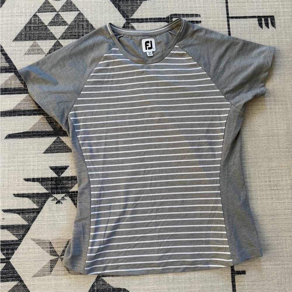 FootJoy Women’s Striped Performance Golf Tee - Gray & White, L
